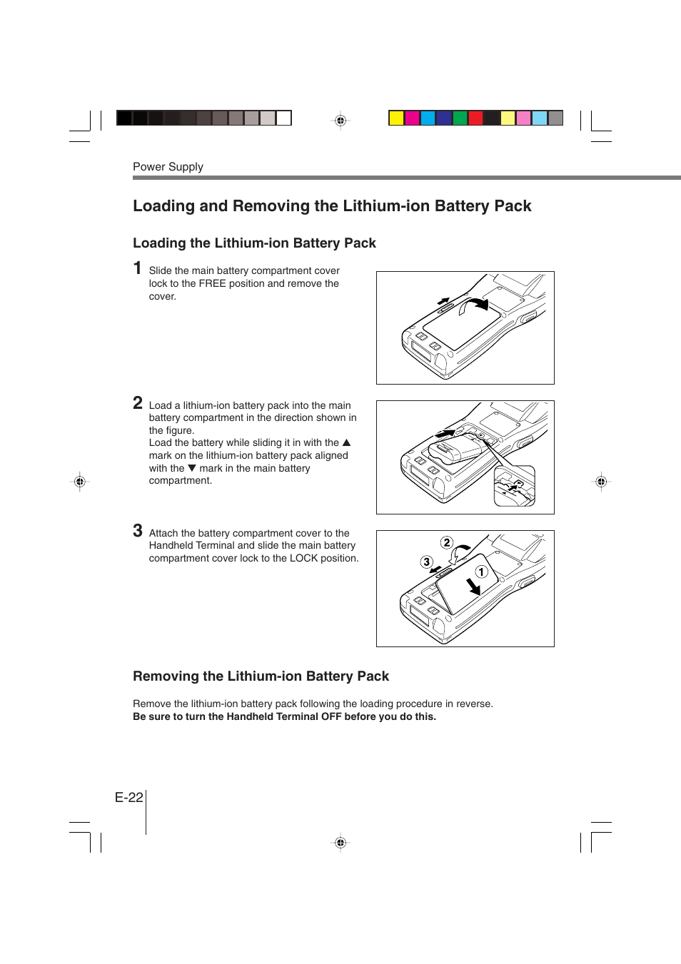 Loading and removing the lithium-ion battery pack | Casio DT-930 User Manual | Page 22 / 68