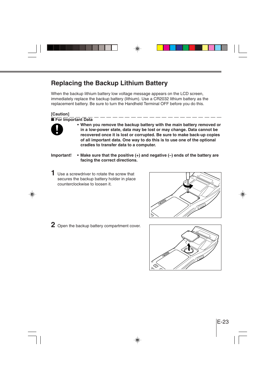 Replacing the backup lithium battery | Casio DT-930 User Manual | Page 23 / 68