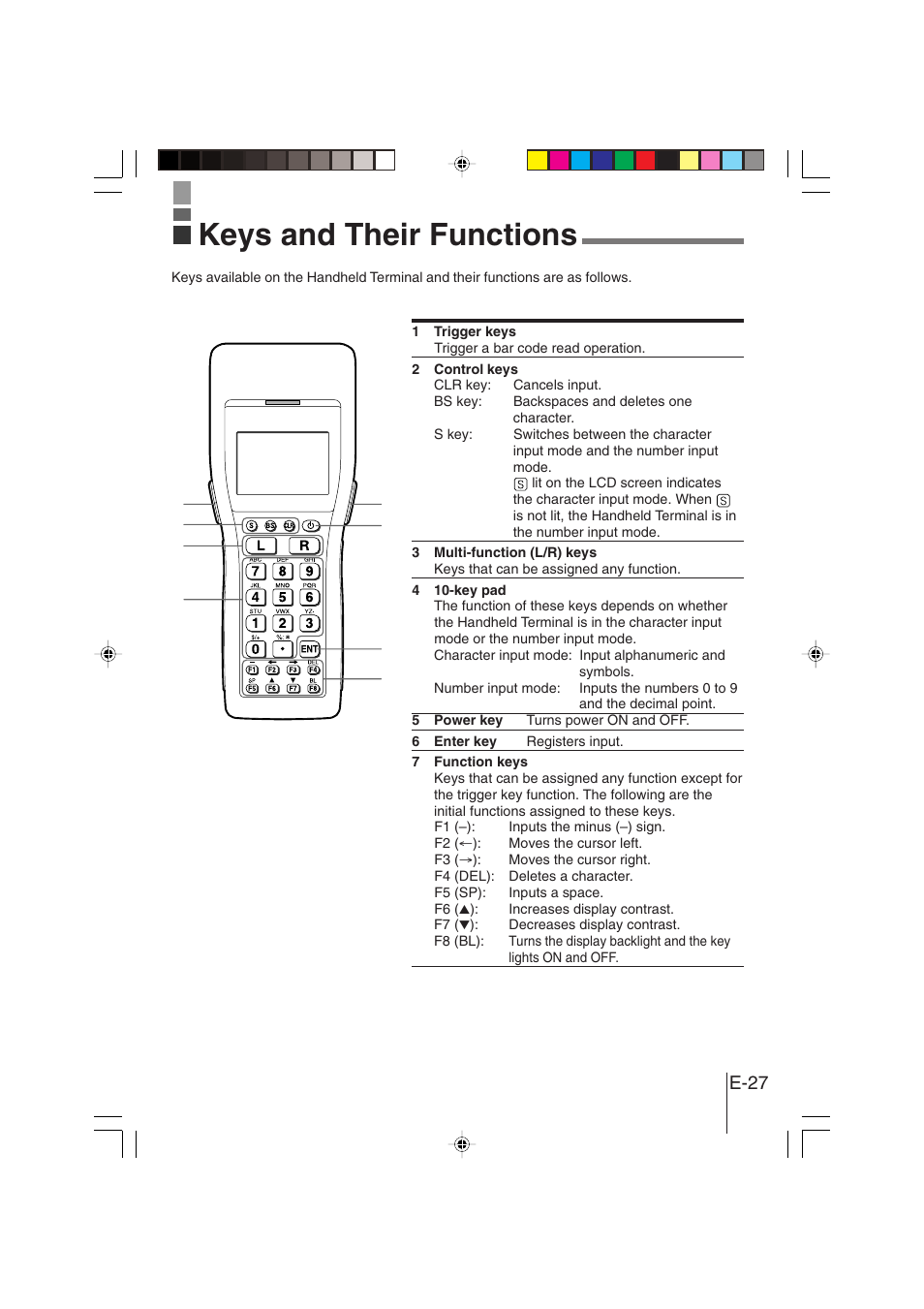 Keys and their functions, E-27 | Casio DT-930 User Manual | Page 27 / 68