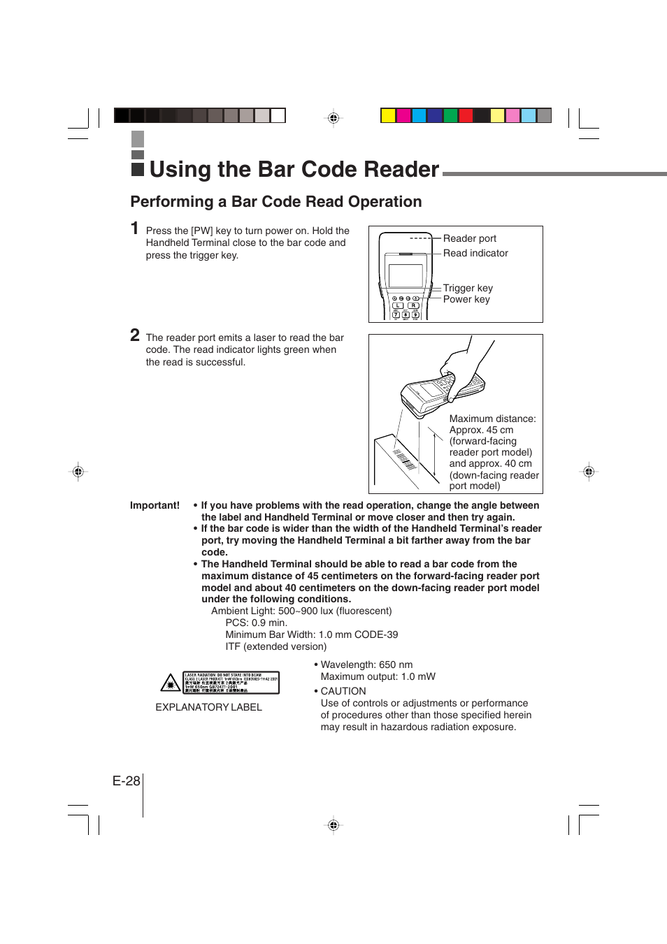 Using the bar code reader, Performing a bar code read operation | Casio DT-930 User Manual | Page 28 / 68