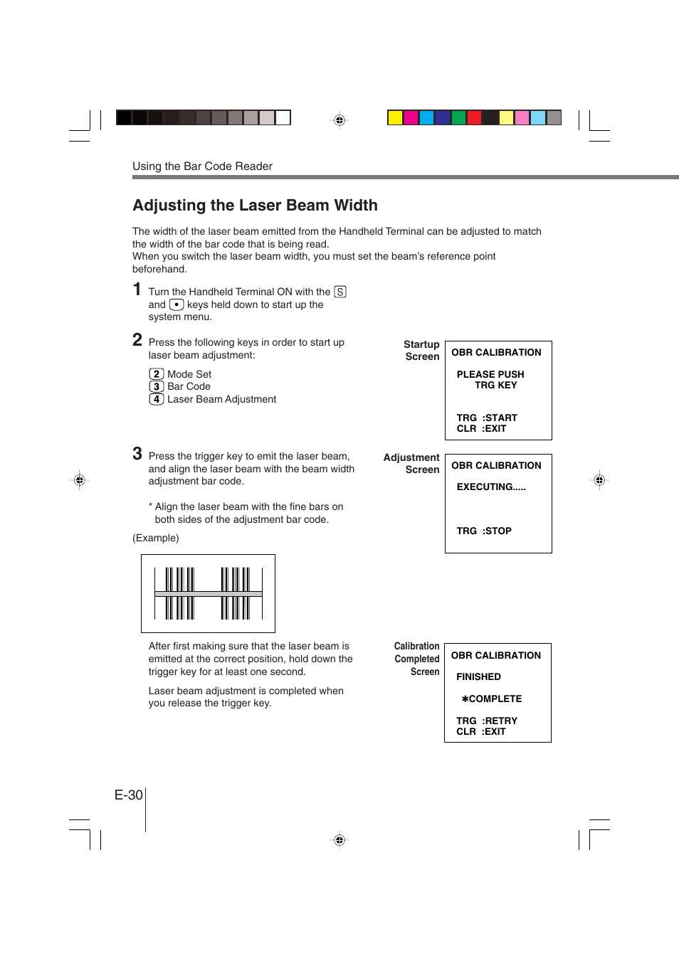 Adjusting the laser beam width, E-30 | Casio DT-930 User Manual | Page 30 / 68