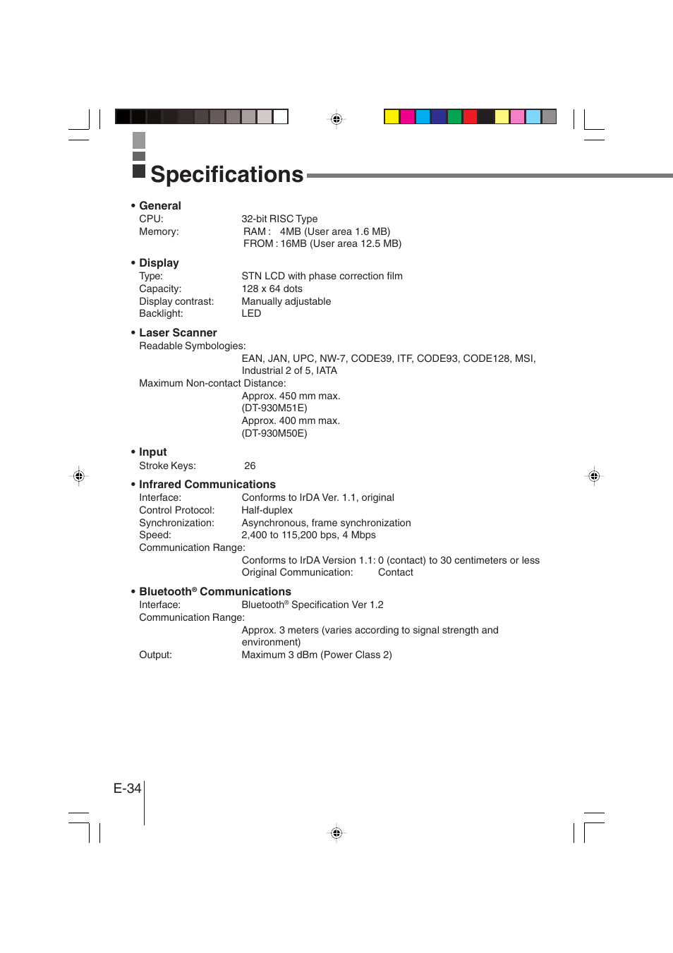 Specifications, E-34 | Casio DT-930 User Manual | Page 34 / 68