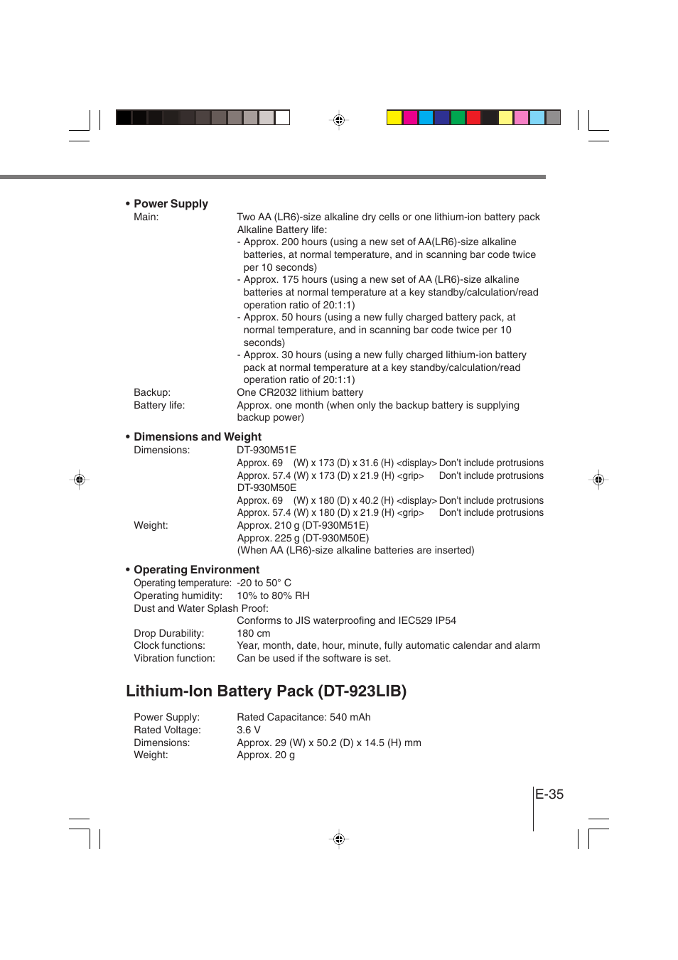 Lithium-ion battery pack (dt-923lib), E-35 | Casio DT-930 User Manual | Page 35 / 68