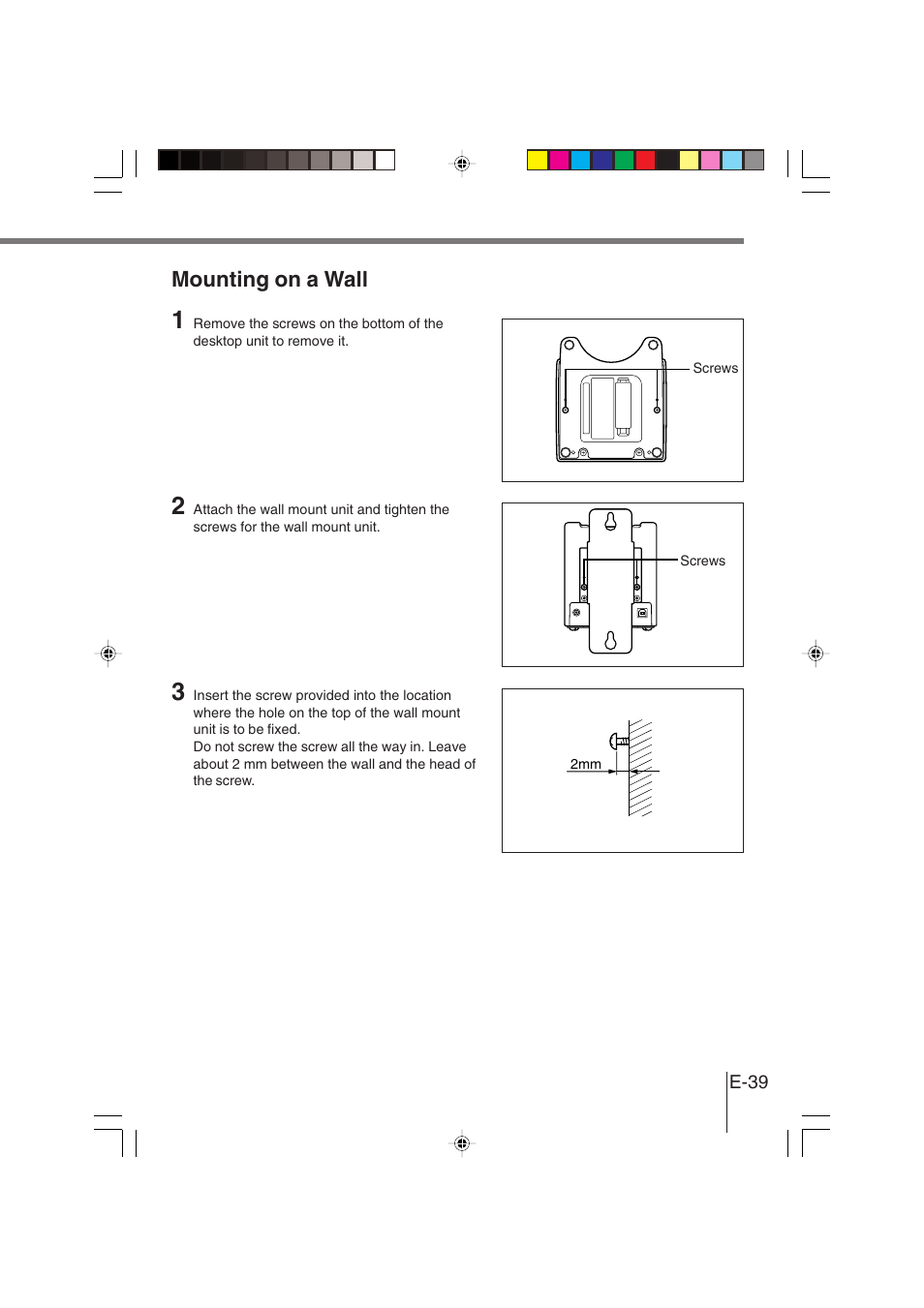 Mounting on a wall | Casio DT-930 User Manual | Page 39 / 68