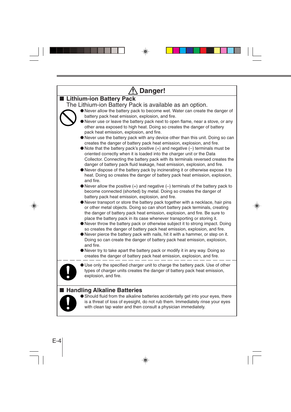 Danger, Handling alkaline batteries | Casio DT-930 User Manual | Page 4 / 68
