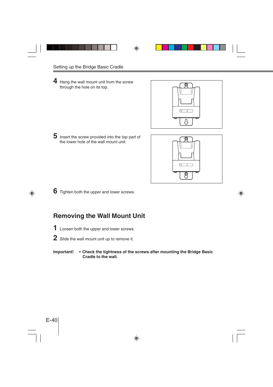 Removing the wall mount unit, E-40 | Casio DT-930 User Manual | Page 40 / 68