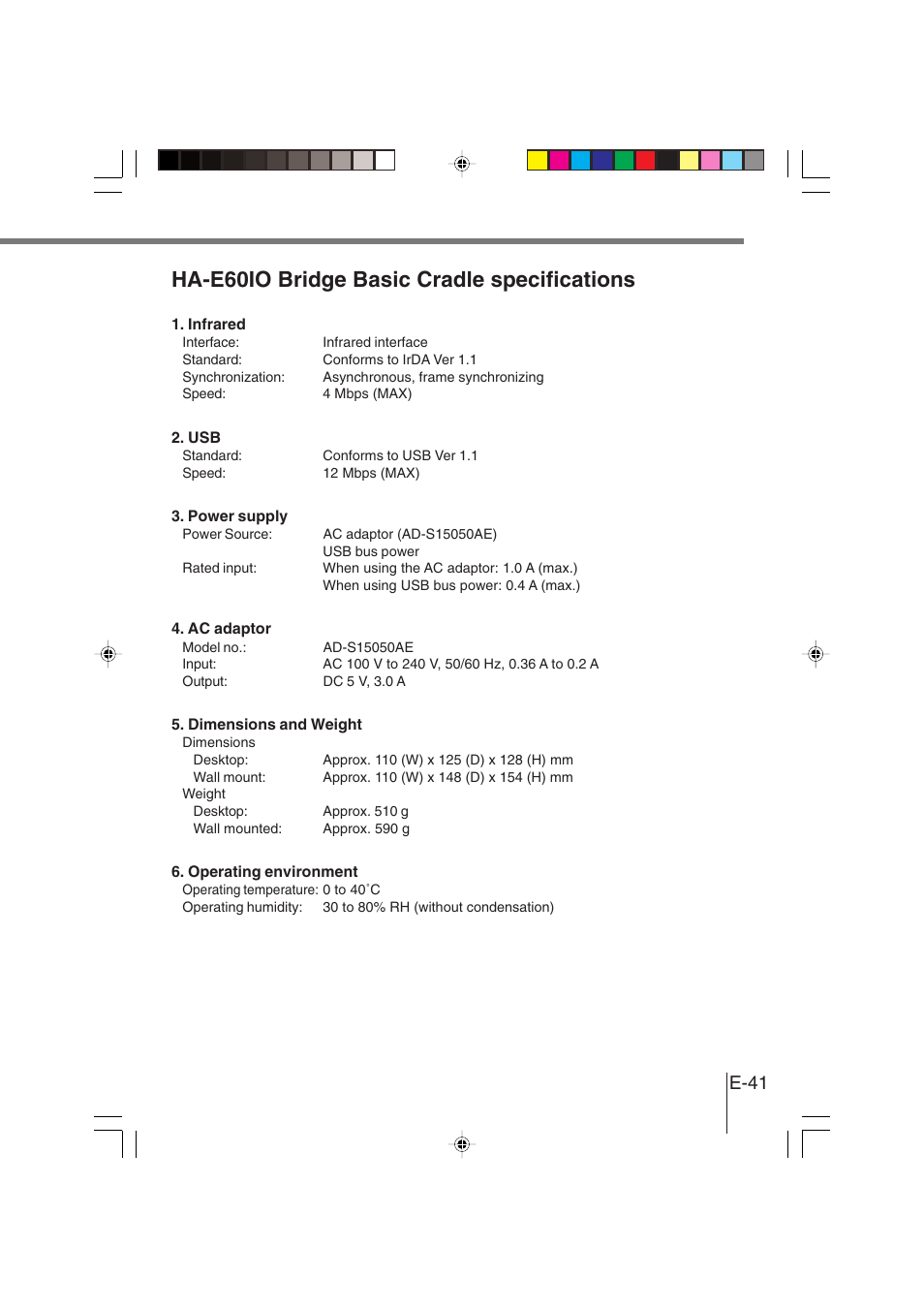 Ha-e60io bridge basic cradle specifications, E-41 | Casio DT-930 User Manual | Page 41 / 68
