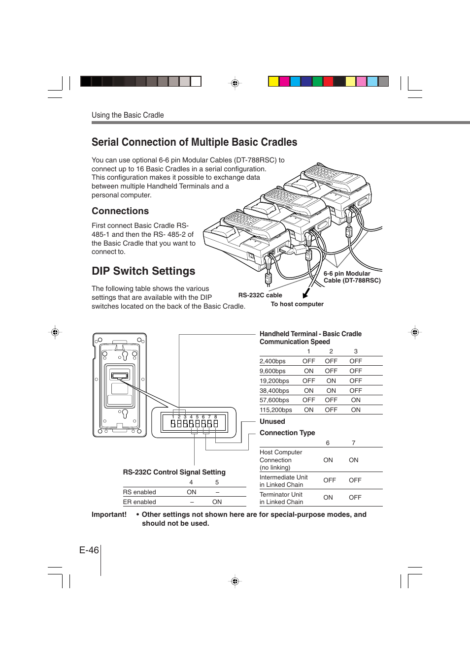 Serial connection of multiple basic cradles, Dip switch settings, E-46 | Connections | Casio DT-930 User Manual | Page 46 / 68
