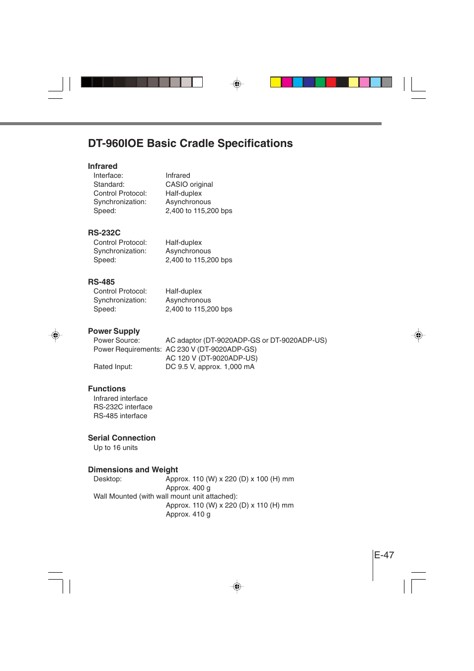 Dt-960ioe basic cradle specifications, E-47 | Casio DT-930 User Manual | Page 47 / 68