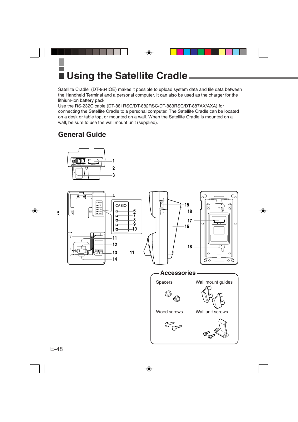 Using the satellite cradle, General guide, E-48 | Accessories | Casio DT-930 User Manual | Page 48 / 68
