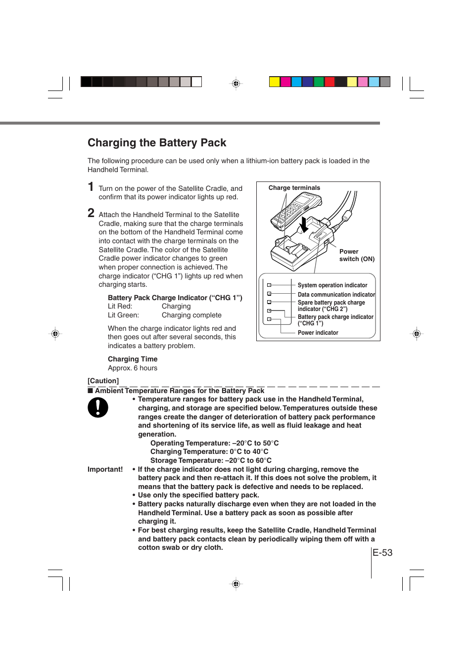 Charging the battery pack, E-53 | Casio DT-930 User Manual | Page 53 / 68