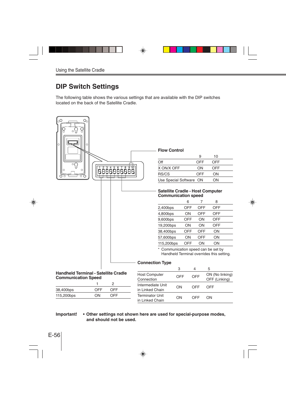 Dip switch settings, E-56, Using the satellite cradle | Casio DT-930 User Manual | Page 56 / 68