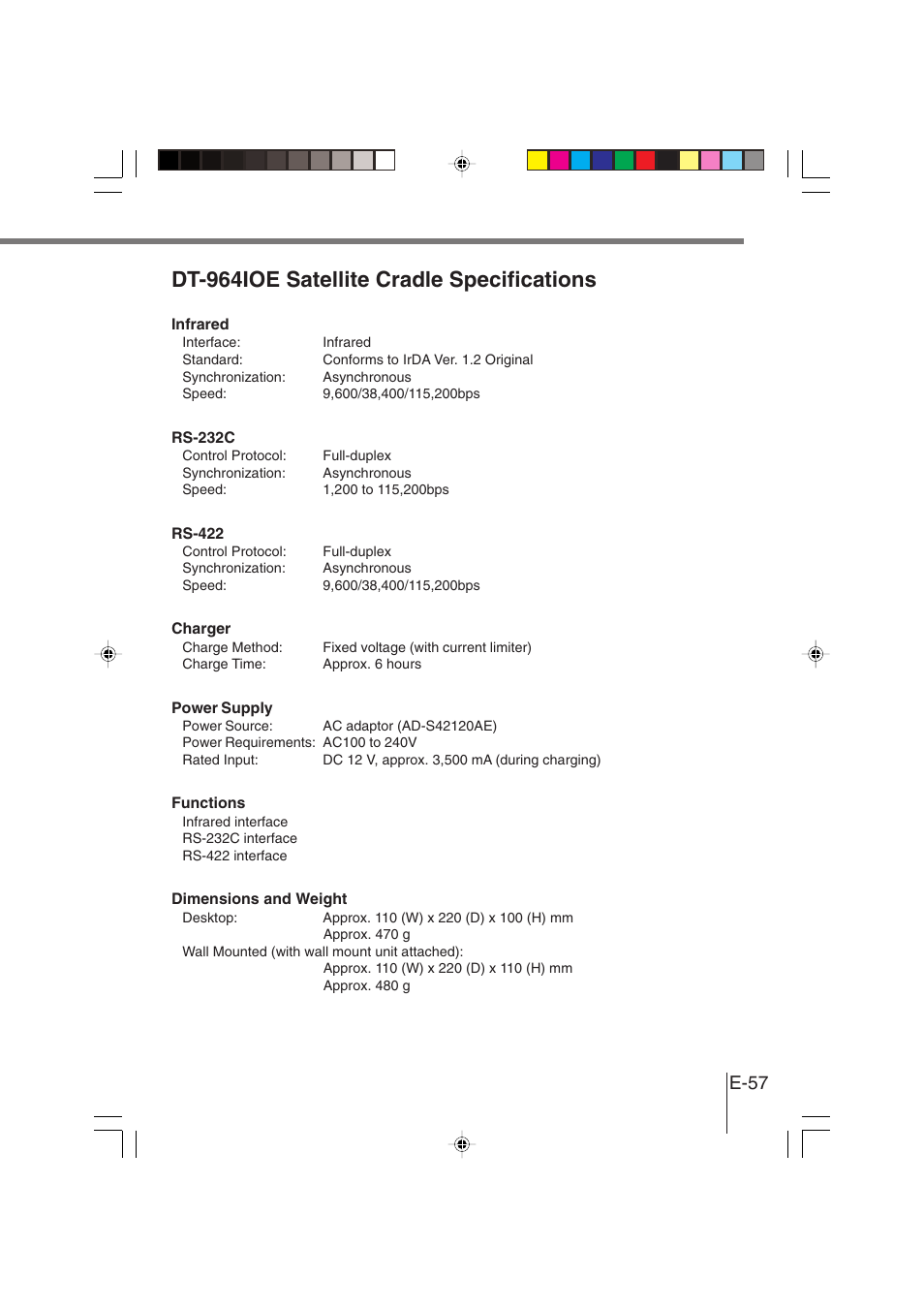 Dt-964ioe satellite cradle specifications, E-57 | Casio DT-930 User Manual | Page 57 / 68