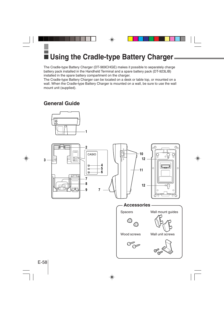 Using the cradle-type battery charger, General guide, E-58 | Accessories | Casio DT-930 User Manual | Page 58 / 68