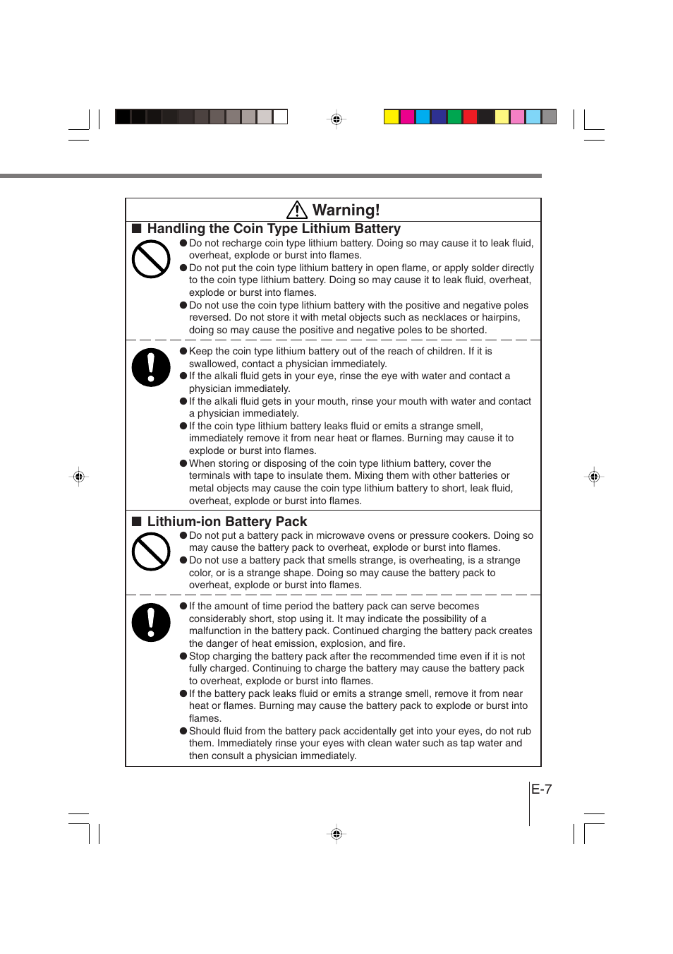 Warning, Handling the coin type lithium battery, Lithium-ion battery pack | Casio DT-930 User Manual | Page 7 / 68