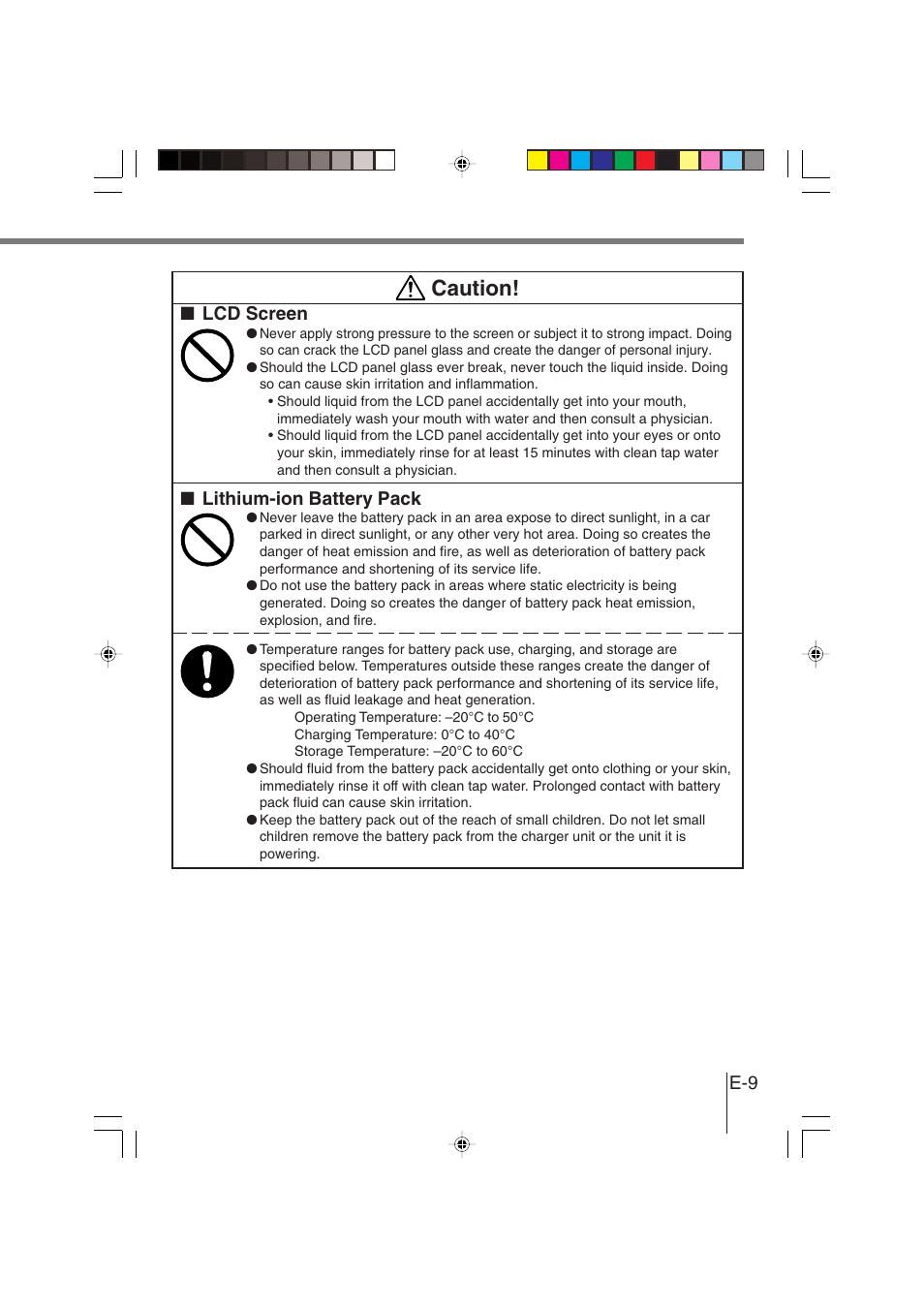 Caution, Lcd screen, Lithium-ion battery pack | Casio DT-930 User Manual | Page 9 / 68