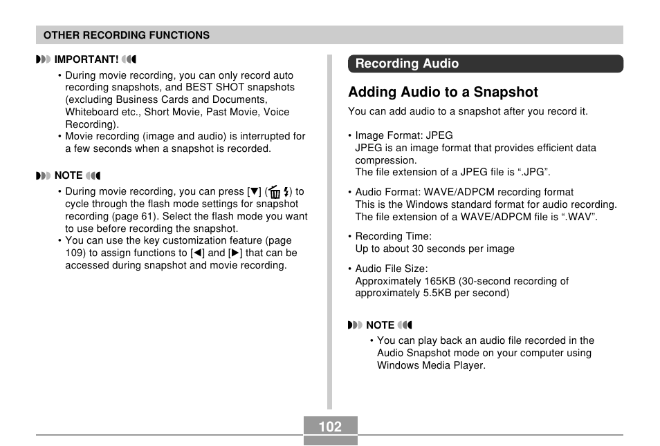 Recording audio, Adding audio to a snapshot | Casio EX-S500 User Manual | Page 102 / 235