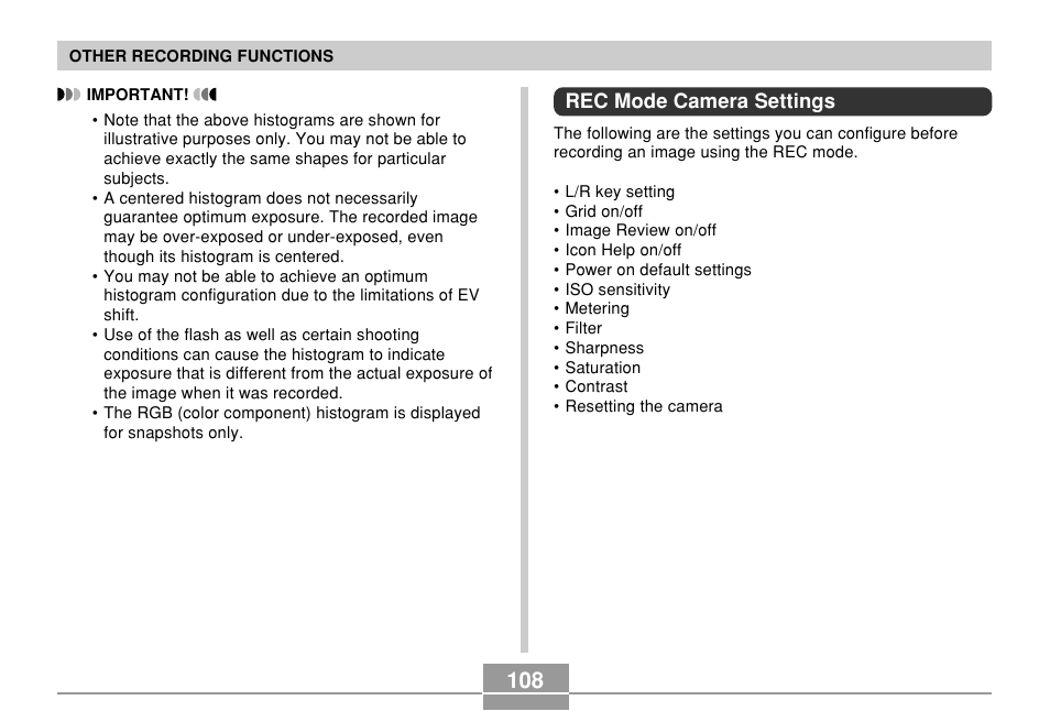 Rec mode camera settings | Casio EX-S500 User Manual | Page 108 / 235