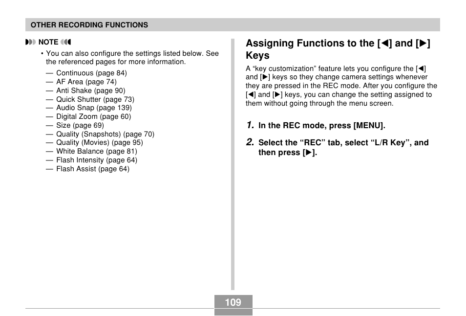 Assigning functions to the [<] and [>] keys, Assigning functions to the [ ̇ ] and [ ̈ ] keys | Casio EX-S500 User Manual | Page 109 / 235