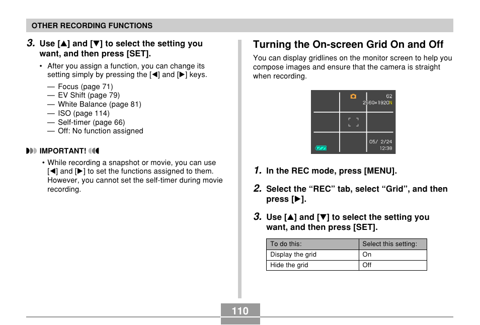 Turning the on-screen grid on and off | Casio EX-S500 User Manual | Page 110 / 235