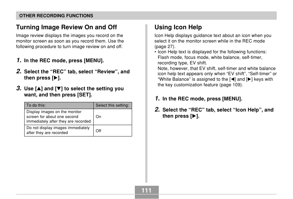 Turning image review on and off, Using icon help | Casio EX-S500 User Manual | Page 111 / 235