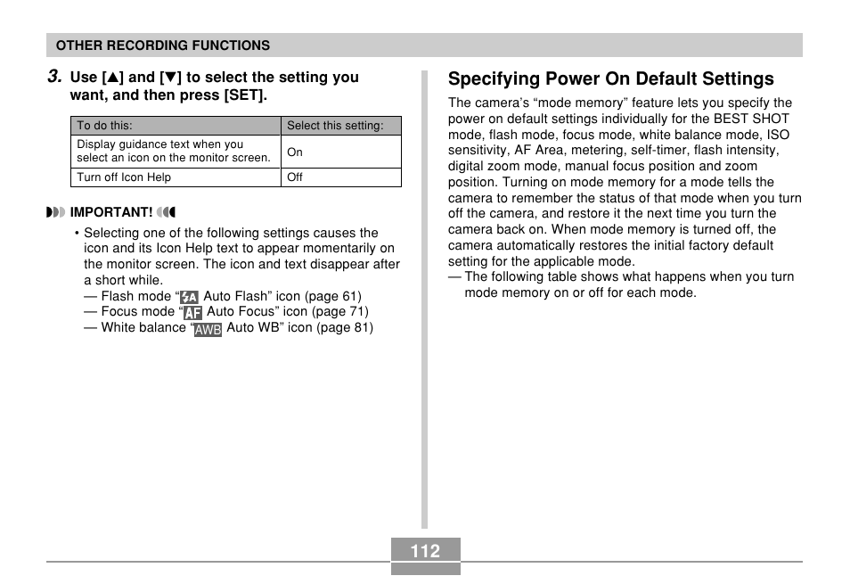 Specifying power on default settings | Casio EX-S500 User Manual | Page 112 / 235