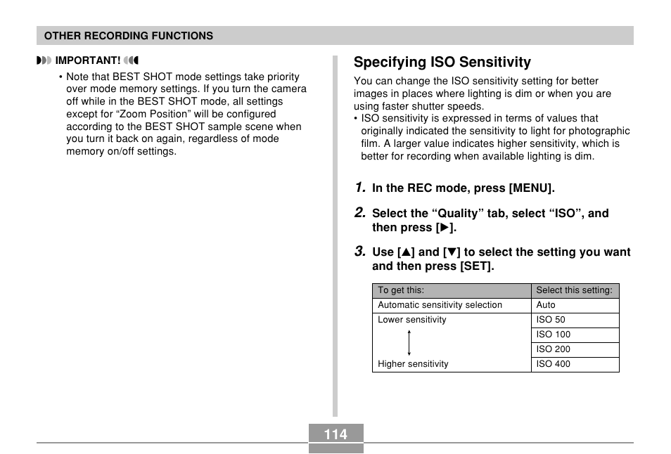 Specifying iso sensitivity | Casio EX-S500 User Manual | Page 114 / 235