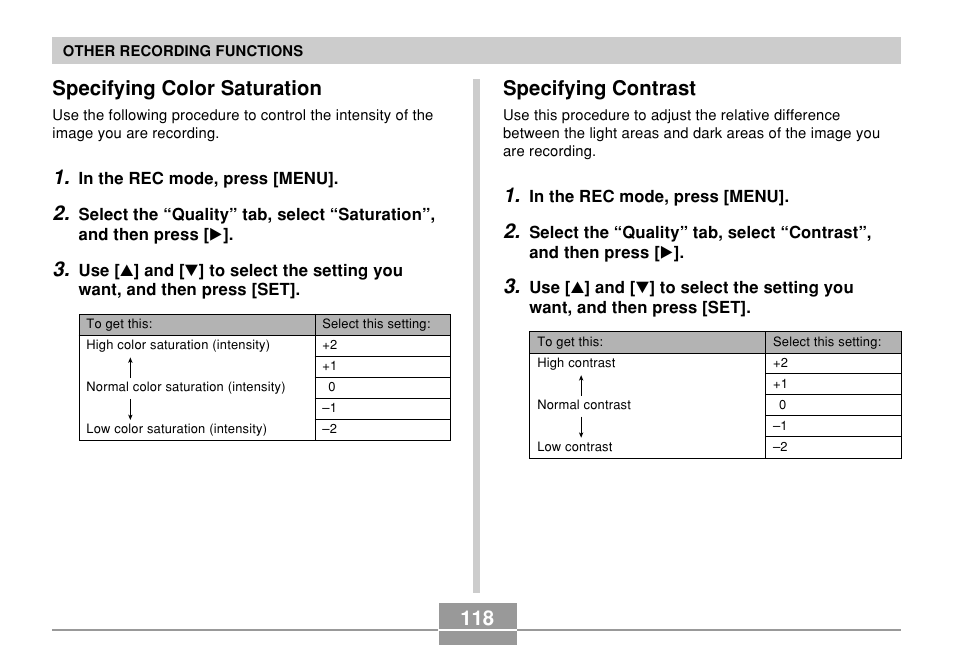 Specifying color saturation, Specifying contrast | Casio EX-S500 User Manual | Page 118 / 235