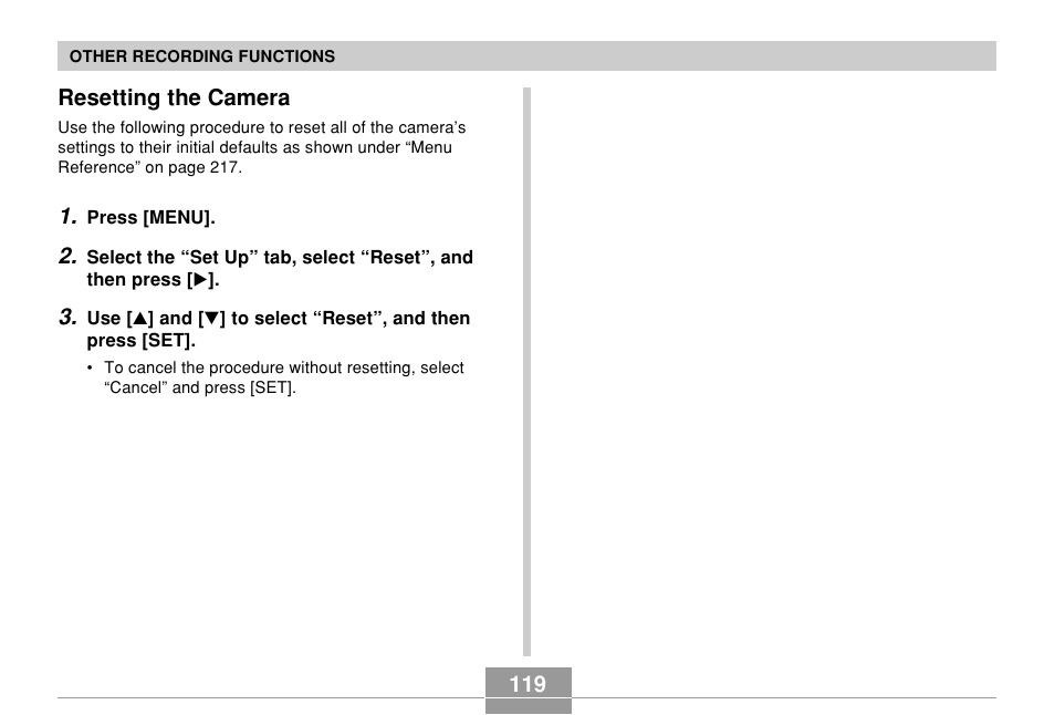 Resetting the camera | Casio EX-S500 User Manual | Page 119 / 235