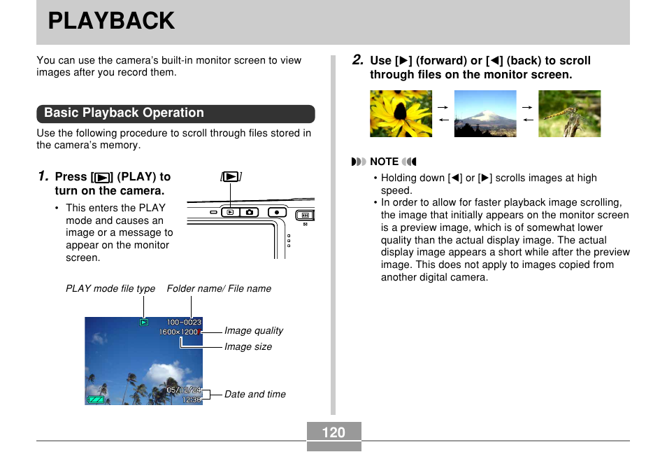 Playback, Basic playback operation | Casio EX-S500 User Manual | Page 120 / 235