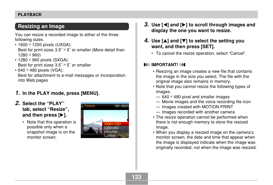 Resizing an image | Casio EX-S500 User Manual | Page 123 / 235