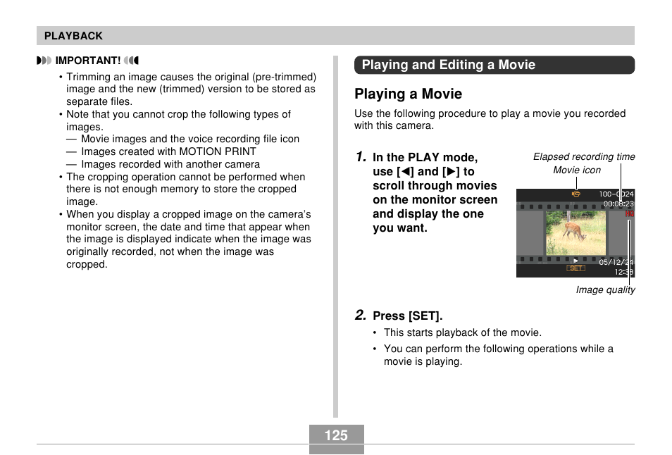 Playing and editing a movie, Playing a movie | Casio EX-S500 User Manual | Page 125 / 235