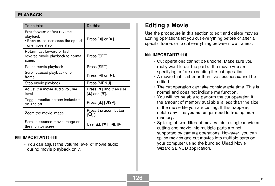 Editing a movie | Casio EX-S500 User Manual | Page 126 / 235