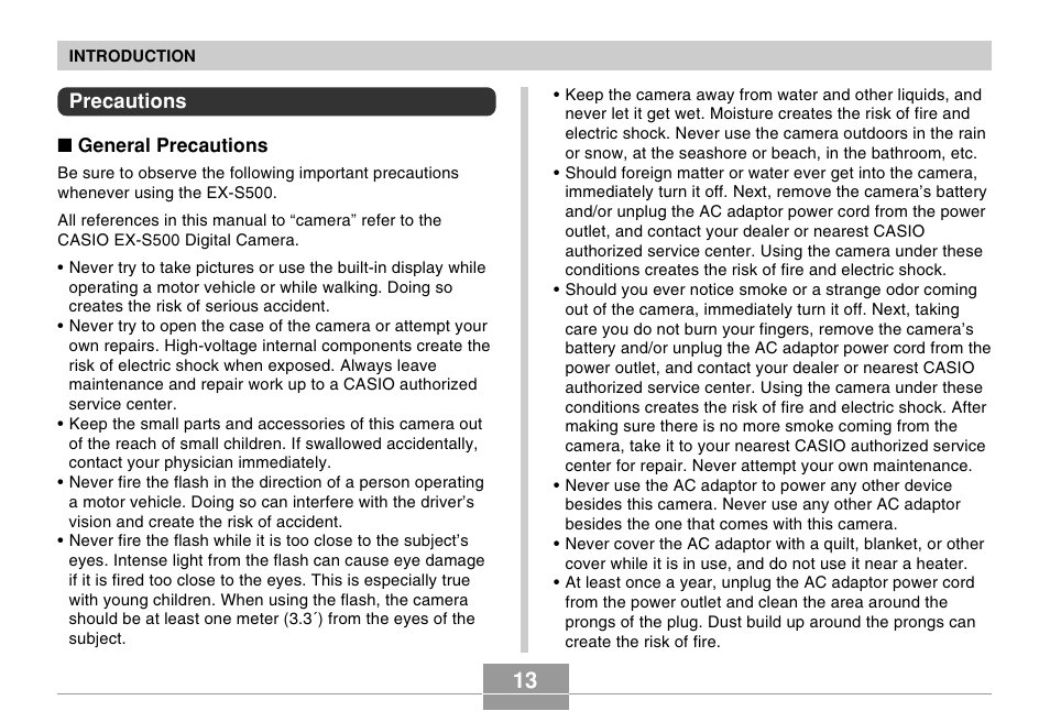 Precautions | Casio EX-S500 User Manual | Page 13 / 235