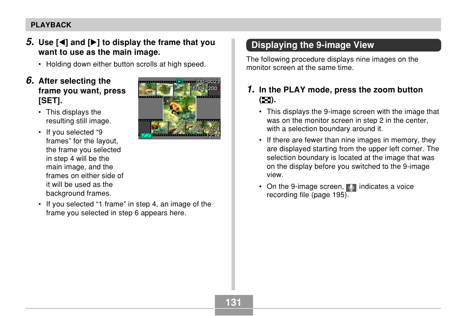 Displaying the 9-image view | Casio EX-S500 User Manual | Page 131 / 235