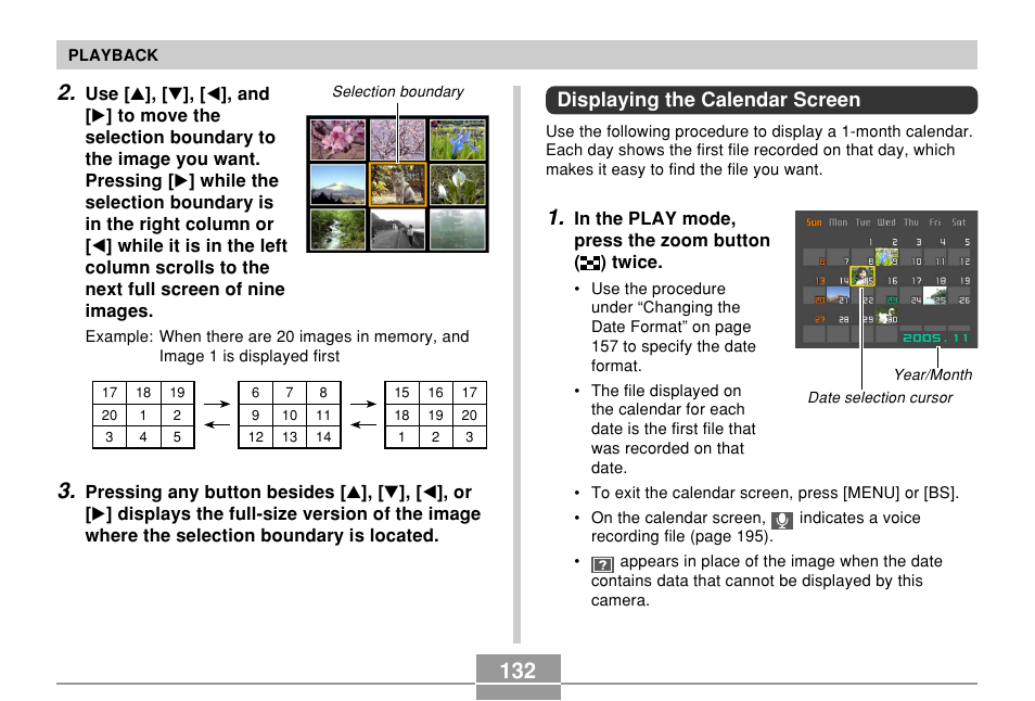 Displaying the calendar screen | Casio EX-S500 User Manual | Page 132 / 235