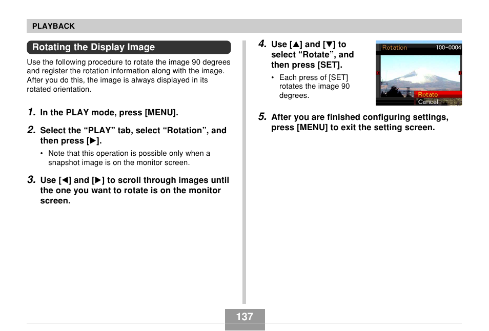 Rotating the display image | Casio EX-S500 User Manual | Page 137 / 235