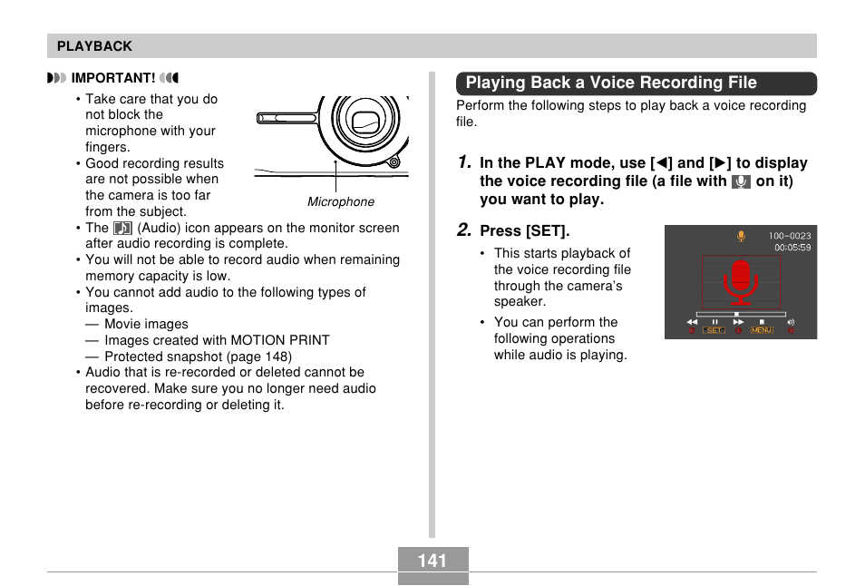 Playing back a voice recording file | Casio EX-S500 User Manual | Page 141 / 235