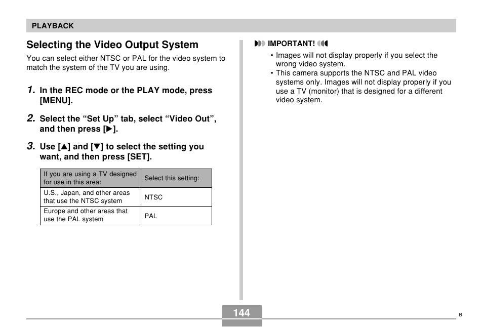 Selecting the video output system | Casio EX-S500 User Manual | Page 144 / 235