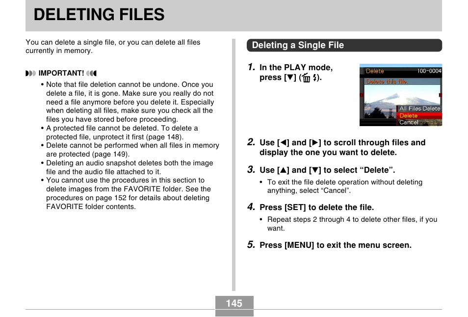 Deleting files, Deleting a single file | Casio EX-S500 User Manual | Page 145 / 235