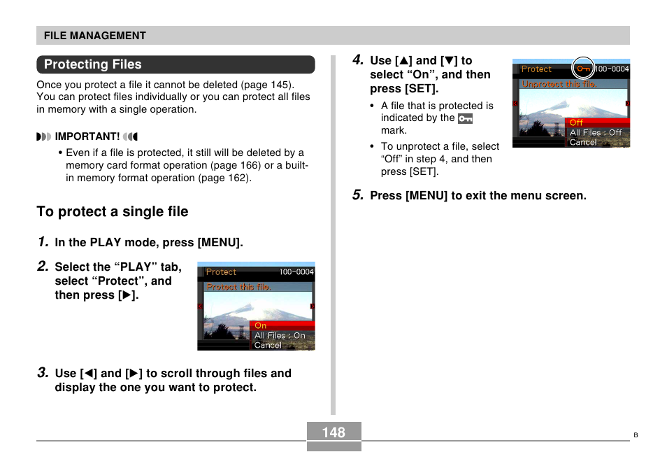 Protecting files, To protect a single file | Casio EX-S500 User Manual | Page 148 / 235