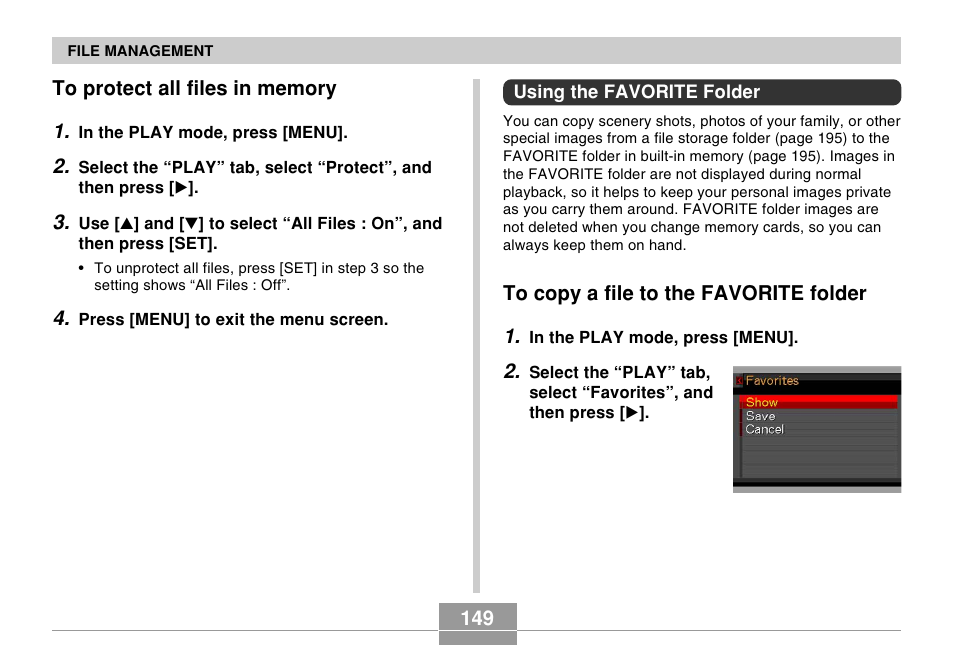 To protect all files in memory, Using the favorite folder, To copy a file to the favorite folder | Casio EX-S500 User Manual | Page 149 / 235