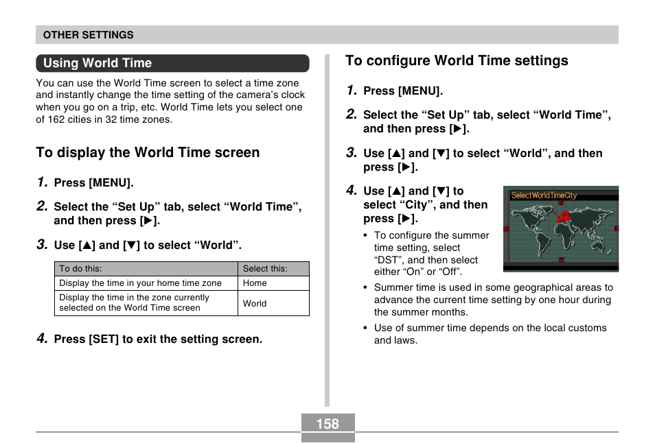 Using world time, To display the world time screen, To configure world time settings | Casio EX-S500 User Manual | Page 158 / 235