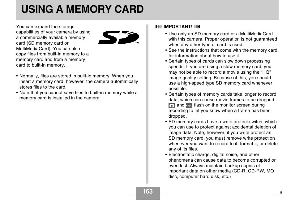 Using a memory card | Casio EX-S500 User Manual | Page 163 / 235
