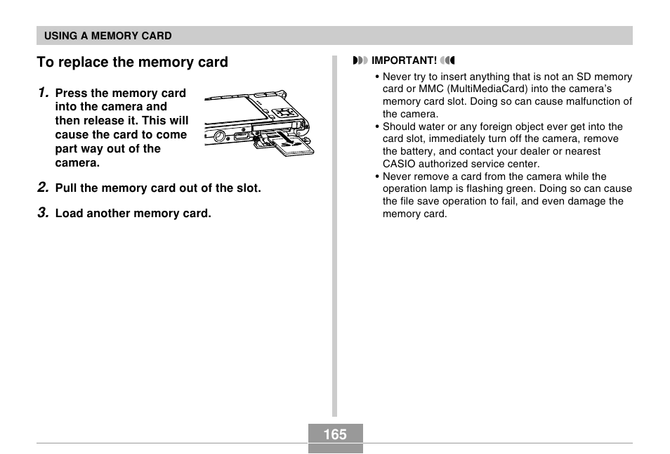 To replace the memory card | Casio EX-S500 User Manual | Page 165 / 235