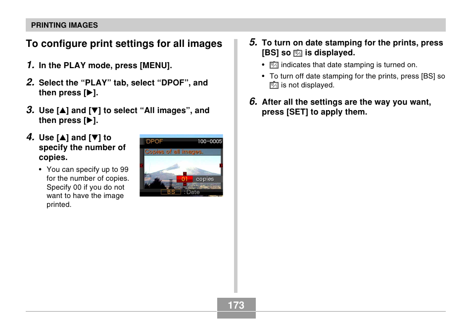 To configure print settings for all images, 173 to configure print settings for all images 1 | Casio EX-S500 User Manual | Page 173 / 235