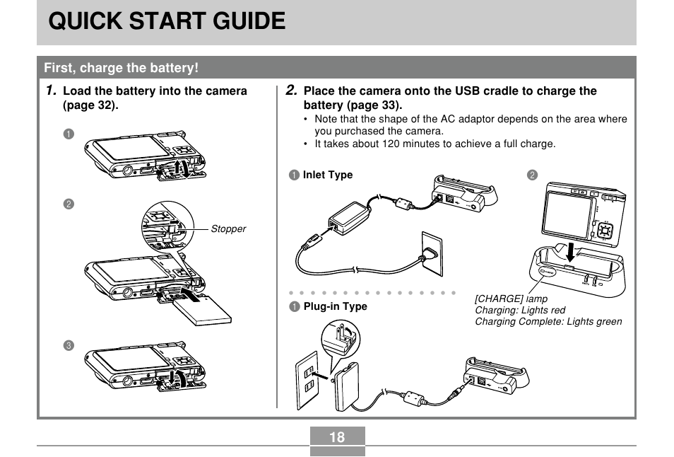 Quick start guide, First, charge the battery, Load the battery into the camera (page 32) | Casio EX-S500 User Manual | Page 18 / 235