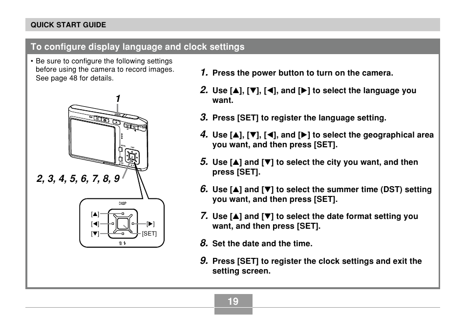 To configure display language and clock settings | Casio EX-S500 User Manual | Page 19 / 235