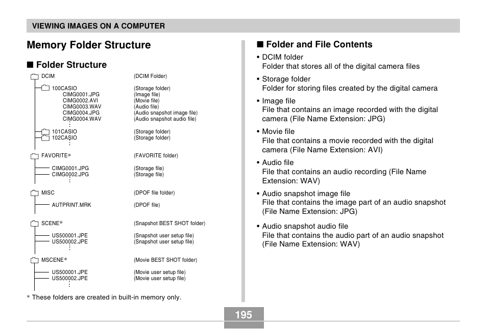 Memory folder structure, Folder structure, Folder and file contents | Casio EX-S500 User Manual | Page 195 / 235