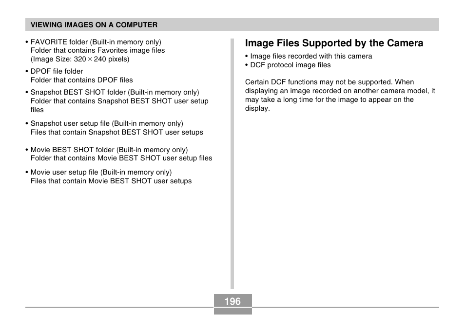 Image files supported by the camera | Casio EX-S500 User Manual | Page 196 / 235